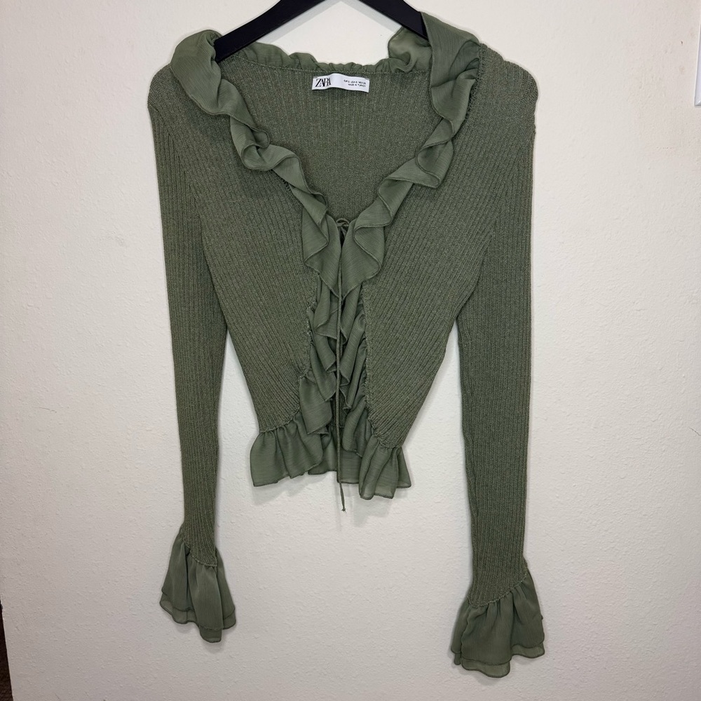 Zara Green Ruffled Knit Cardigan - Picture 3 of 9